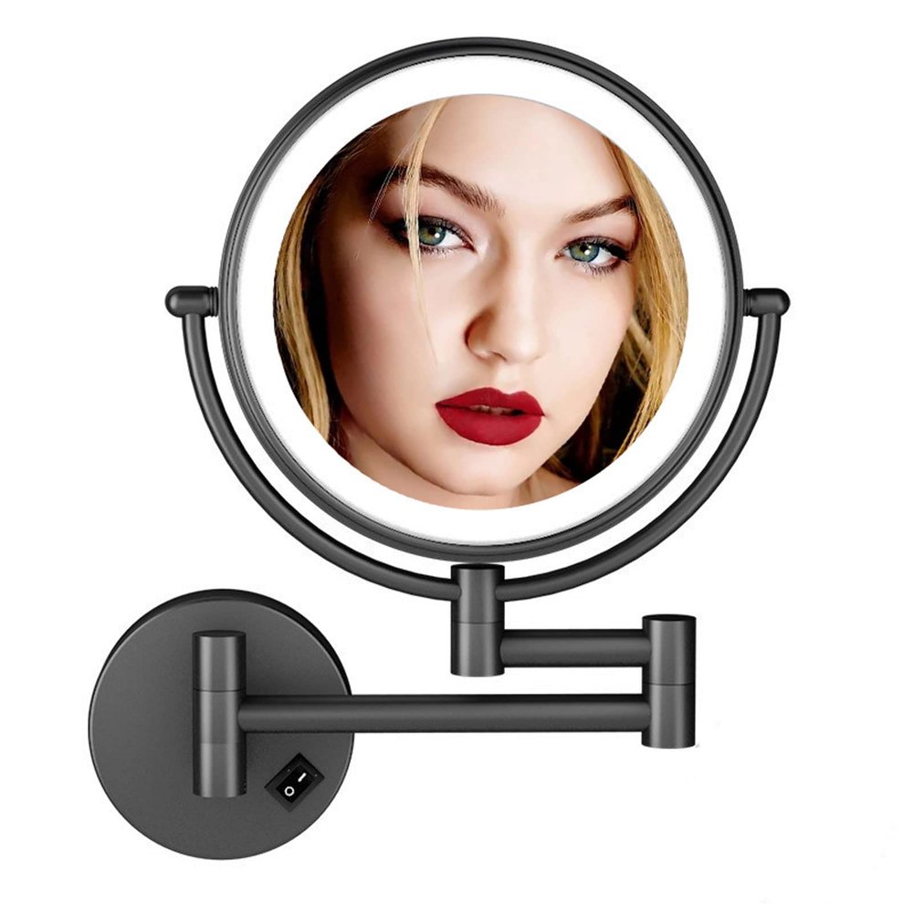 BhjKL Cosmetic Mirror Wall Mounted, LED Makeup Mirror 360 Swivel, 8 Inches Vanity Mirror, Double Sided Bathroom Mirror (Black plugX10)