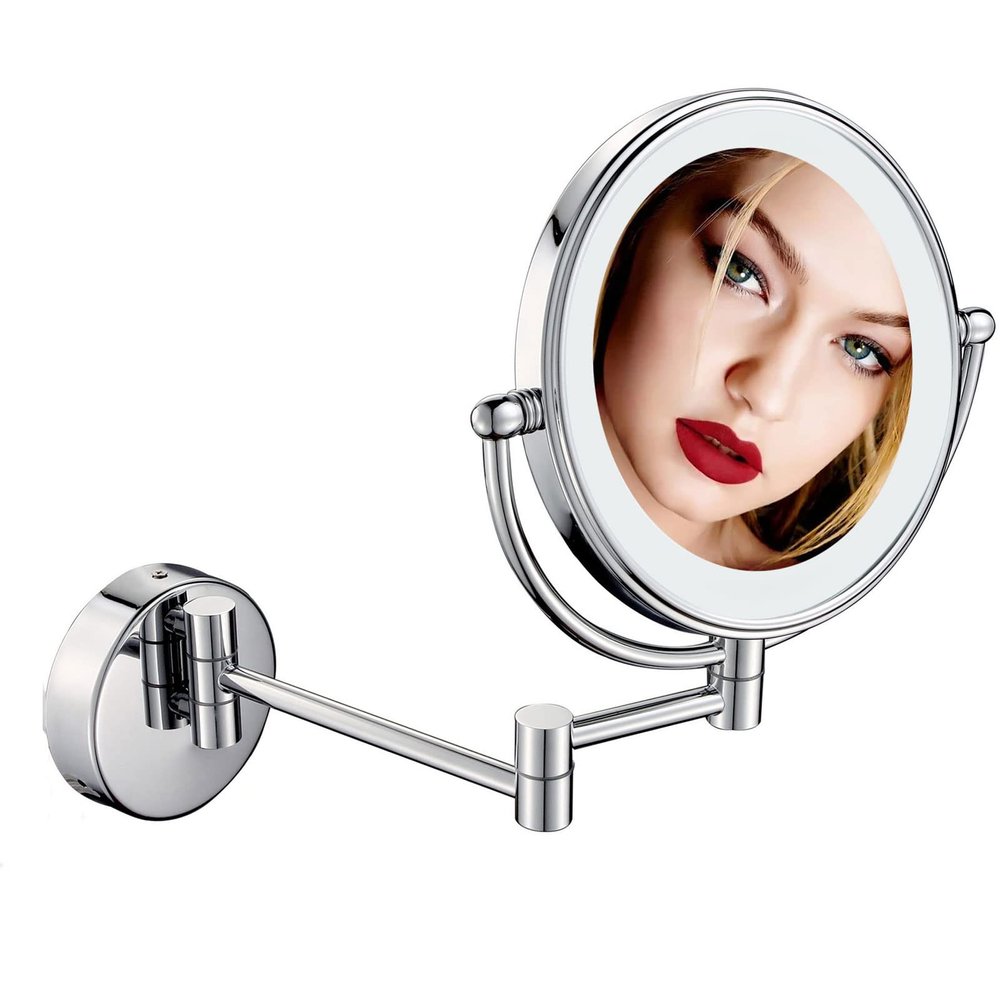 BhjKL Cosmetic Mirror Wall Mounted, LED Makeup Mirror 360 Swivel, 8 Inches Vanity Mirror, Double Sided Bathroom Mirror (Silver plugX7)