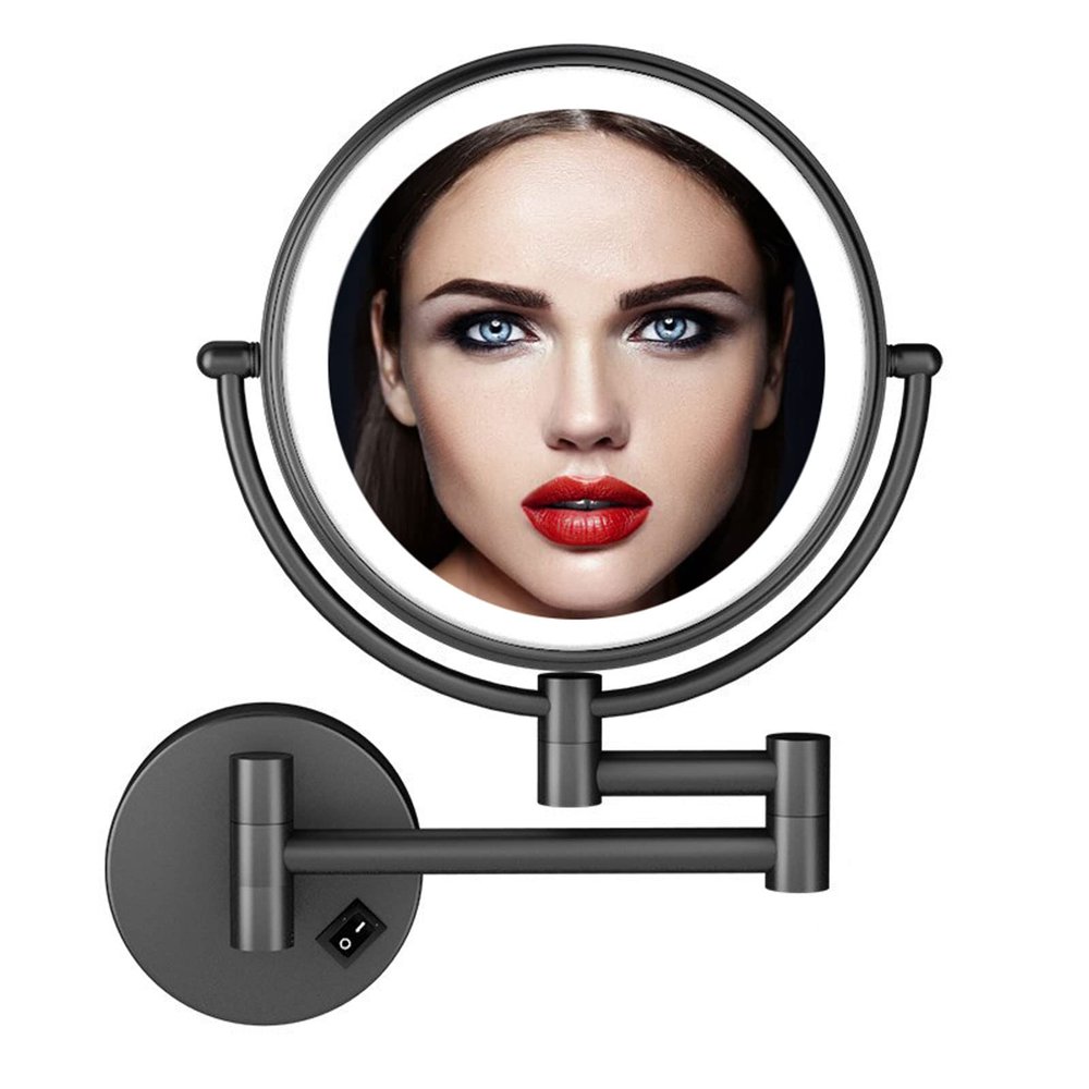 BhjKL LED Cosmetic Mirror Wall Mounted, Makeup Mirror, Vanity Mirror 360 Swivel Extendable, Bathroom Mirror 8 Inch Double Sided (Black plugX7)