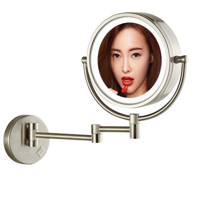 BhjKL Rechargeable Wall Mounted Lighted Cosmetic Mirror, Vanity Mirror Magnification, Makeup Mirror 360 Swivel 8.5 Inch Bathroom Mirror USB (Brushed Nickel 7X)