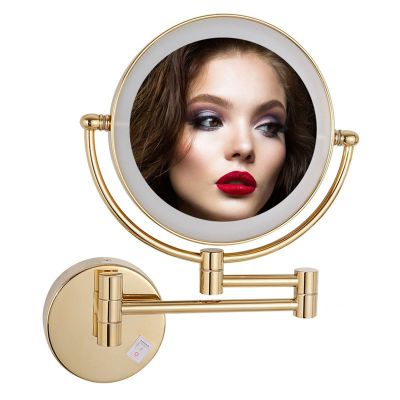 BhjKL 8 Inches Wall Mount Makeup Mirror with LED Lighted, Double-Sided Vanity Mirror, Cosmetic Mirror, 360 Swivel Bathroom Mirror Retractable Folding Arm (Gold plugX10)