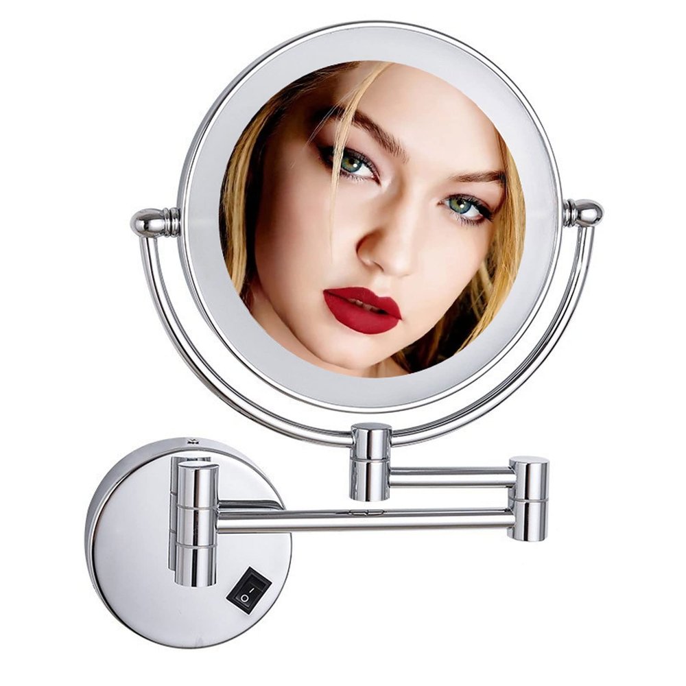 BhjKL Cosmetic Mirror Wall Mounted, LED Makeup Mirror 360 Swivel, 8 Inches Vanity Mirror, Double Sided Bathroom Mirror (Brushed Nickel plugX7)
