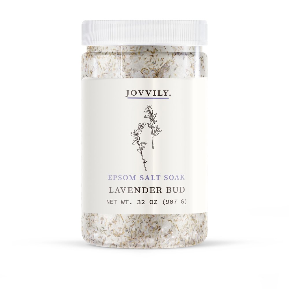 Jovvily Epsom Salt Soak with Lavender Buds & Lavender Essential Oil - 2 lb - Always Pure - Magnesium Sulfate Soaking Solution