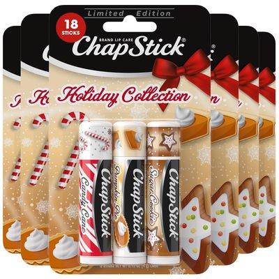 ChapStick Bulk Lip Balm, Holiday Variety 3-Packs x 6 (18 Sticks) Candy Cane, Sugar Cookie, and Pumpkin Pie Flavored Lip Moisturizers, Stocking Stuffers, 0.15 Oz Ea