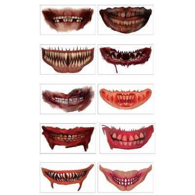 10PCS Halloween Clown Horror Mouth Tattoo_Stickers Waterproof Temporary Tattoos_Face Decals Halloween Face Makeup Party Cosplay Prank Props