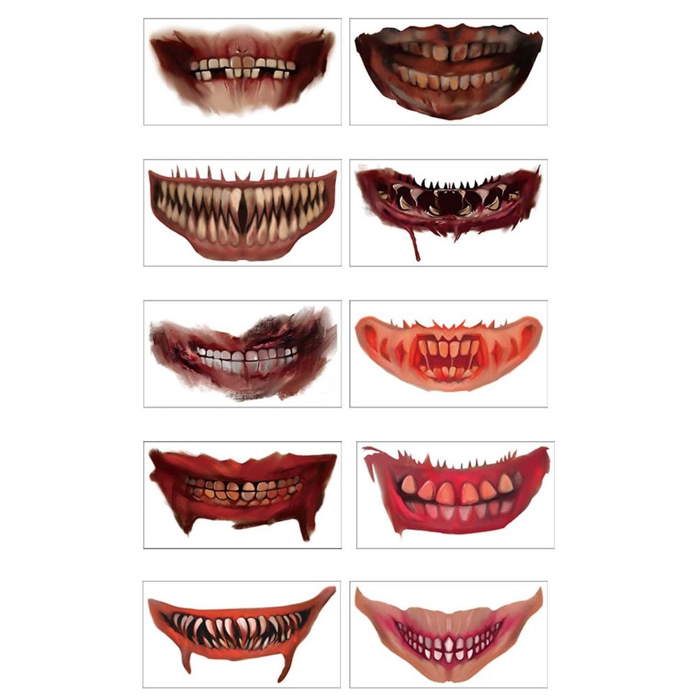 10PCS Halloween Clown Horror Mouth Tattoo_Stickers Waterproof Temporary Tattoos_Face Decals Halloween Face Makeup Party Cosplay Prank Props