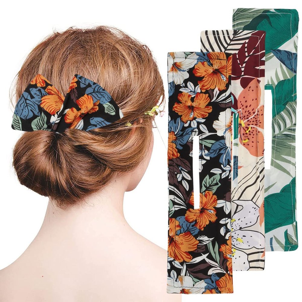3 PCS Hair Bun Maker Deft Bun for Hair Styling, Hair Donut Bun Maker Flexible Reusable French Twist Hair Bun Lazy Hair Curler Donut Hair Bun Hair Accessories for Women Girls (Flower-Printed)