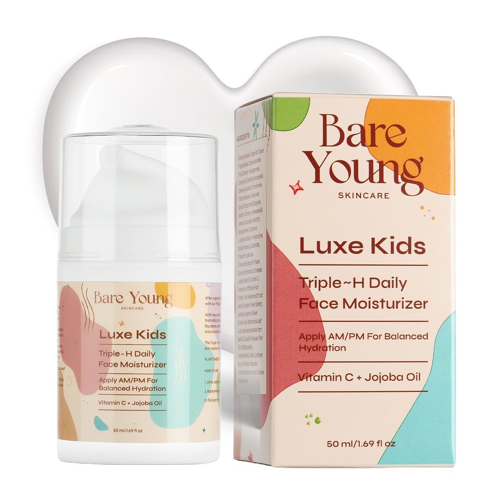 Bare Young Triple H Kids Face Moisturizer, Daily Facial Moisturizer with Vitamin C and Jojoba Oil, Fragrance-Free Natural Face Moisturizer, Kids Skin Care Product, Vegan Plant-Based Skincare for kids