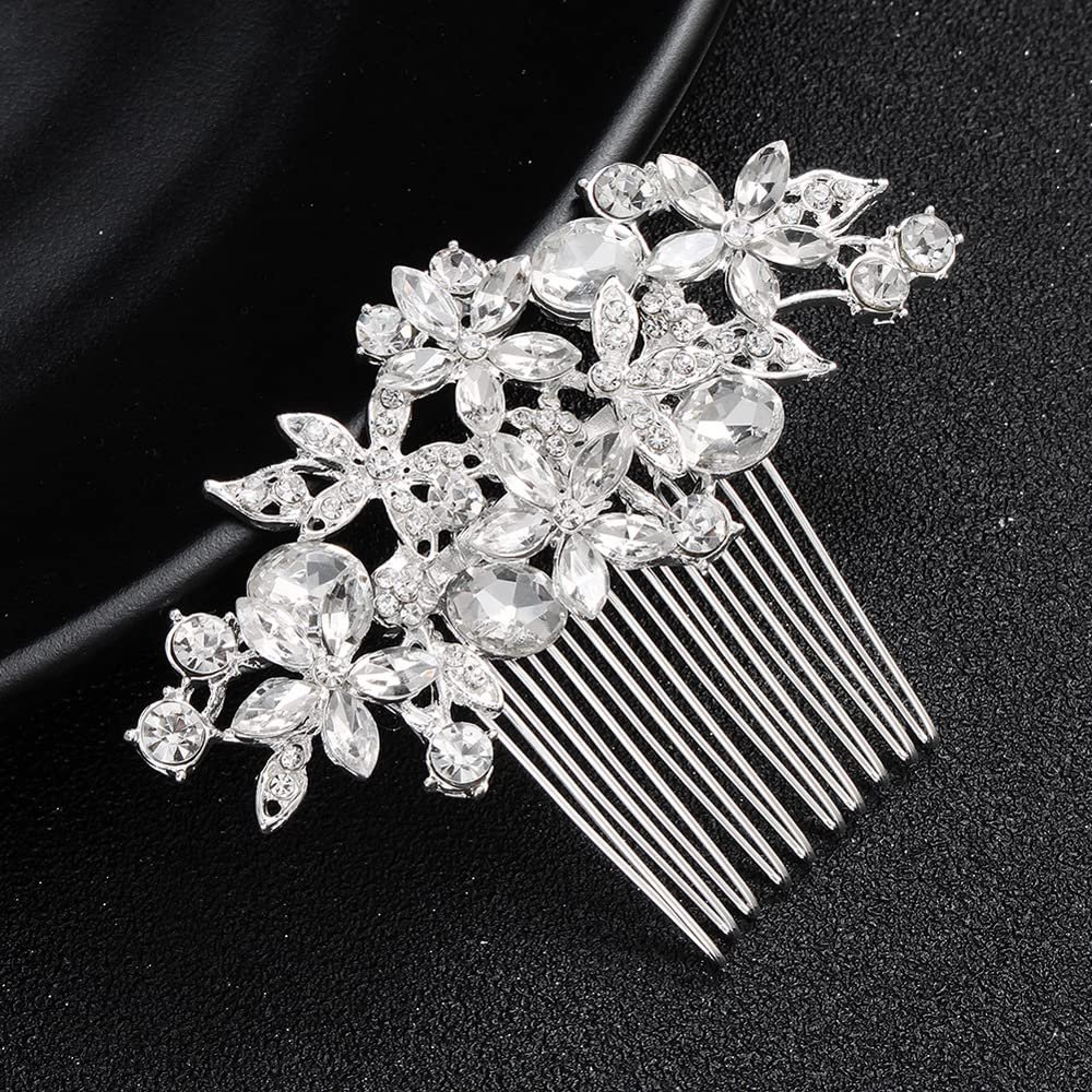 Missgrace Women Bridal Wedding Prom Silver Gold Rhinestones Flower Leaf Side Hair Comb Special Occasion Headpiece Hair Accessories for Women (Silver)