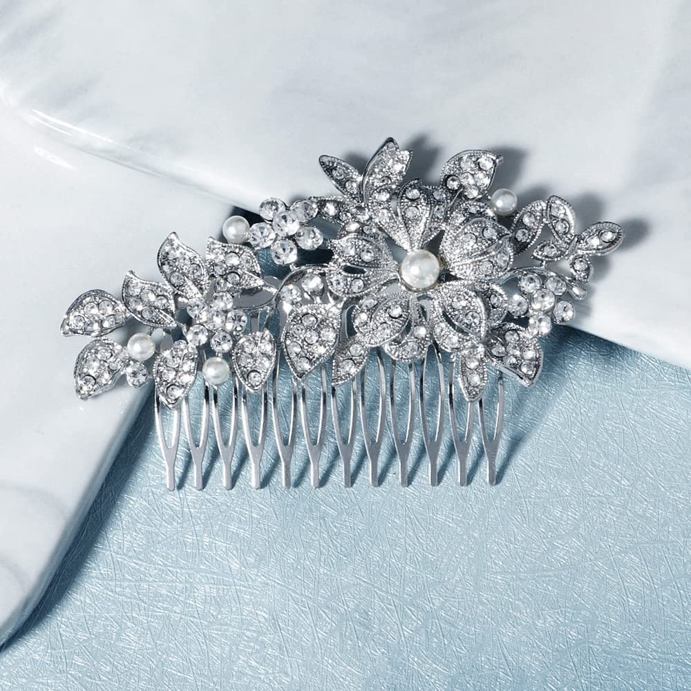 Missgrace Women Bridal Wedding Prom Simple Dainty Silver Gold Rhinestones Crystal Flower Leaf Side Hair Comb Special Occasion Headpiece Hair Accessories for Women Bride (Silver 5)