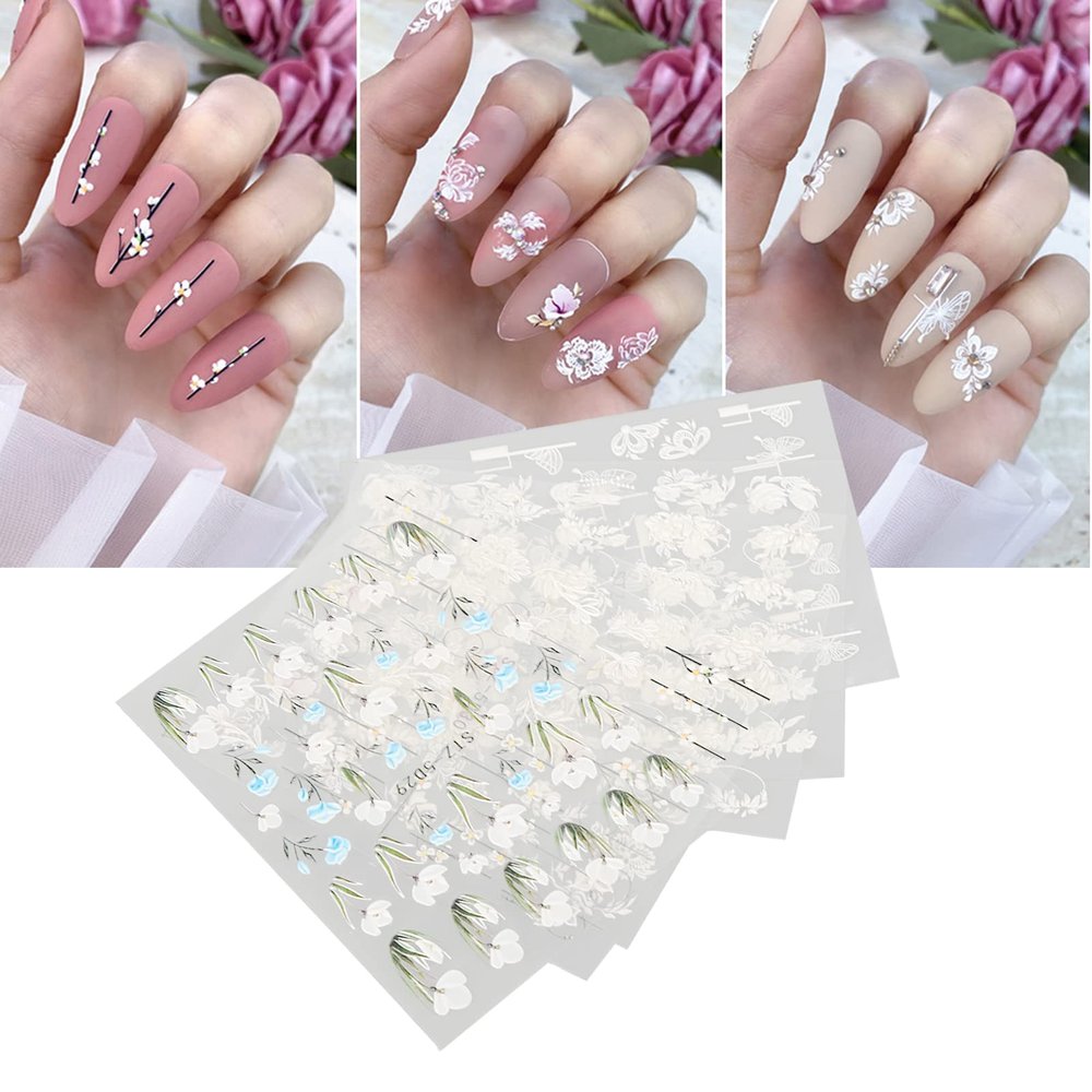 6 Sheets 5D Nail Art Stickers Flower Nail Decals Stereoscopic Embossed French Pattern Designer Nail Stickers Self Adhesive Nail Art Supplies Decoration for Women/Girls, 6 Sheets a Pack