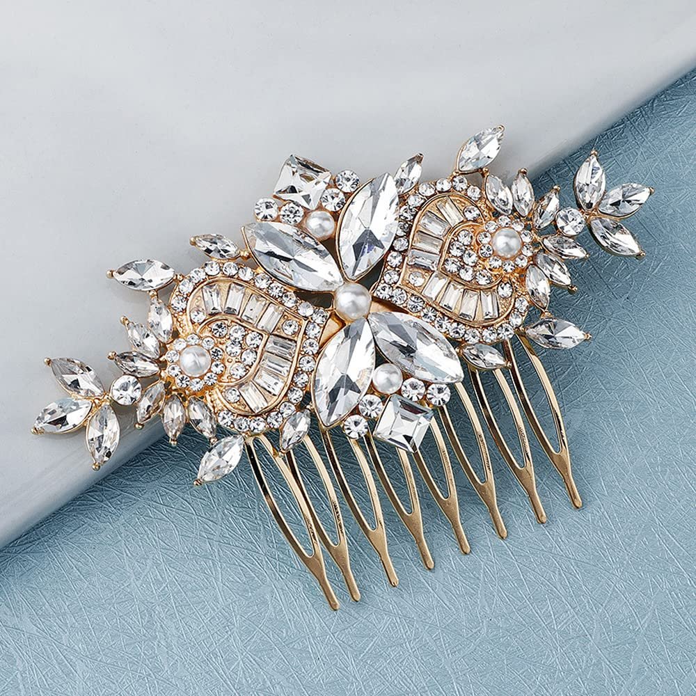 Missgrace Bride Wedding Prom Side Hair Comb Crystal Rhinestones Flower Hair Comb Clips Bridal Hair Accessories Hair Piece for Women