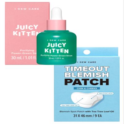 I Dew Care Hydrocolloid Acne Pimple Patch - Timeout Blemish Chin & Cheeks + Face Serum - Juicy Kitten | Purifying Power-Green Korean Skincare with Niacinamide, 1.01 Fl Oz Bundle