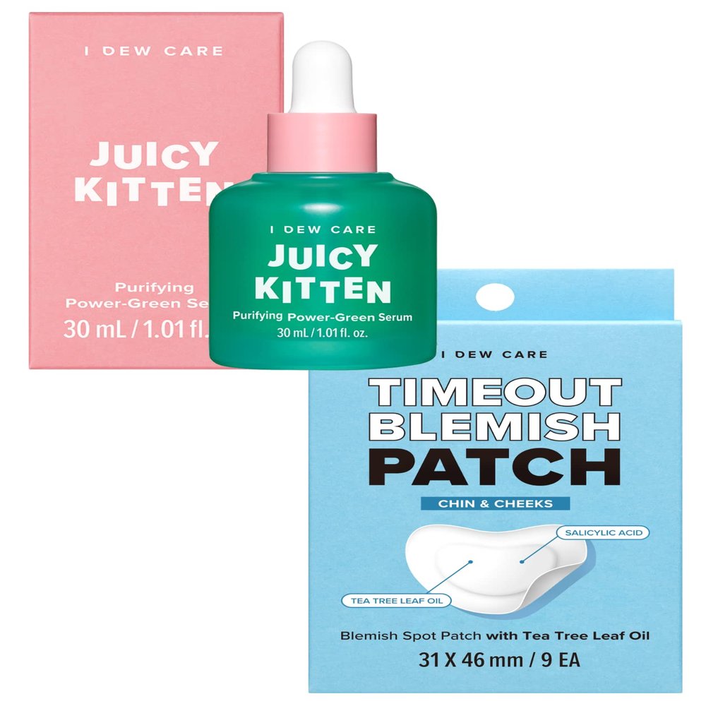 I Dew Care Hydrocolloid Acne Pimple Patch - Timeout Blemish Chin & Cheeks + Face Serum - Juicy Kitten | Purifying Power-Green Korean Skincare with Niacinamide, 1.01 Fl Oz Bundle