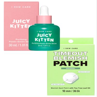 I Dew Care Hydrocolloid Acne Pimple Patch - Timeout Blemish Original + Face Serum - Juicy Kitten | Purifying Power-Green Korean Skincare with Niacinamide, 1.01 Fl Oz Bundle