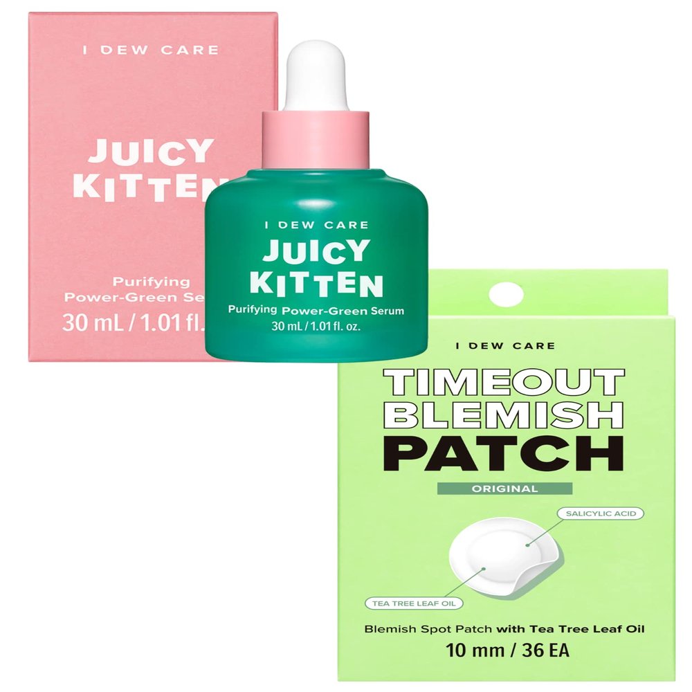 I Dew Care Hydrocolloid Acne Pimple Patch - Timeout Blemish Original + Face Serum - Juicy Kitten | Purifying Power-Green Korean Skincare with Niacinamide, 1.01 Fl Oz Bundle