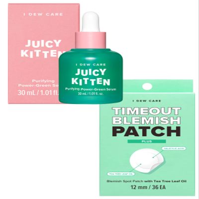 I Dew Care Hydrocolloid Acne Pimple Patch - Timeout Blemish Plus + Face Serum - Juicy Kitten | Purifying Power-Green Korean Skincare with Niacinamide, 1.01 Fl Oz Bundle