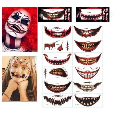 2023 New Halloween Prank Makeup Temporary Tattoo, 12PCS Halloween Clown Horror Mouth Tattoo Stickers, Removable and Realistic Temporary Tattoo Kit, Halloween Masquerade Prank Makeup Props (12pcs)