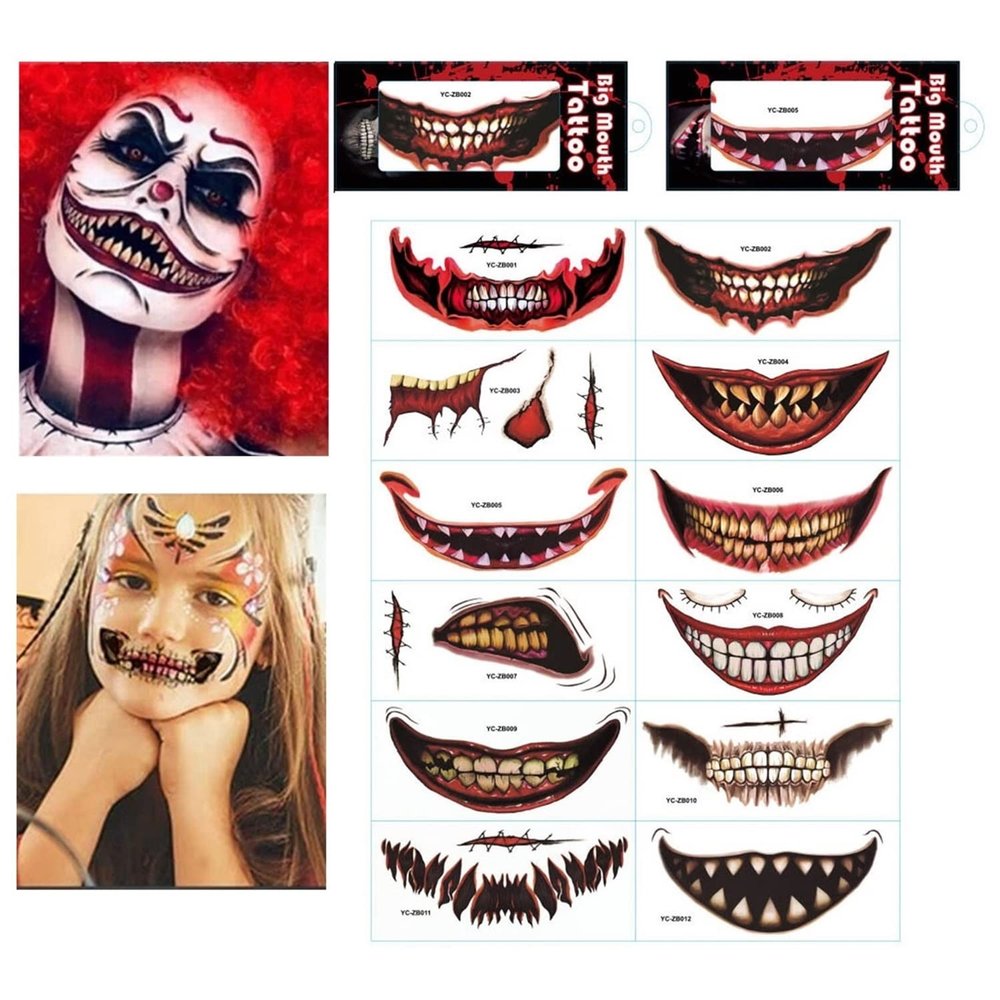 2023 New Halloween Prank Makeup Temporary Tattoo, 12PCS Halloween Clown Horror Mouth Tattoo Stickers, Removable and Realistic Temporary Tattoo Kit, Halloween Masquerade Prank Makeup Props (12pcs)
