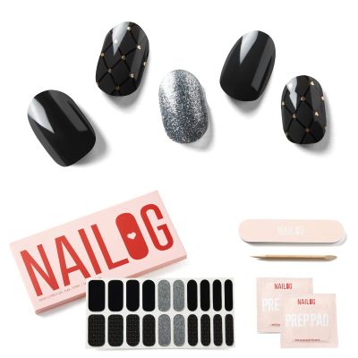 NAILOG Semi Cured Gel Nail Strips (20 Extra Long Stickers/Wraps) | Buy 2 Get 1 UV Lamp| Glossy & Long Lasting Soft Gel Finishing, Black Pearl