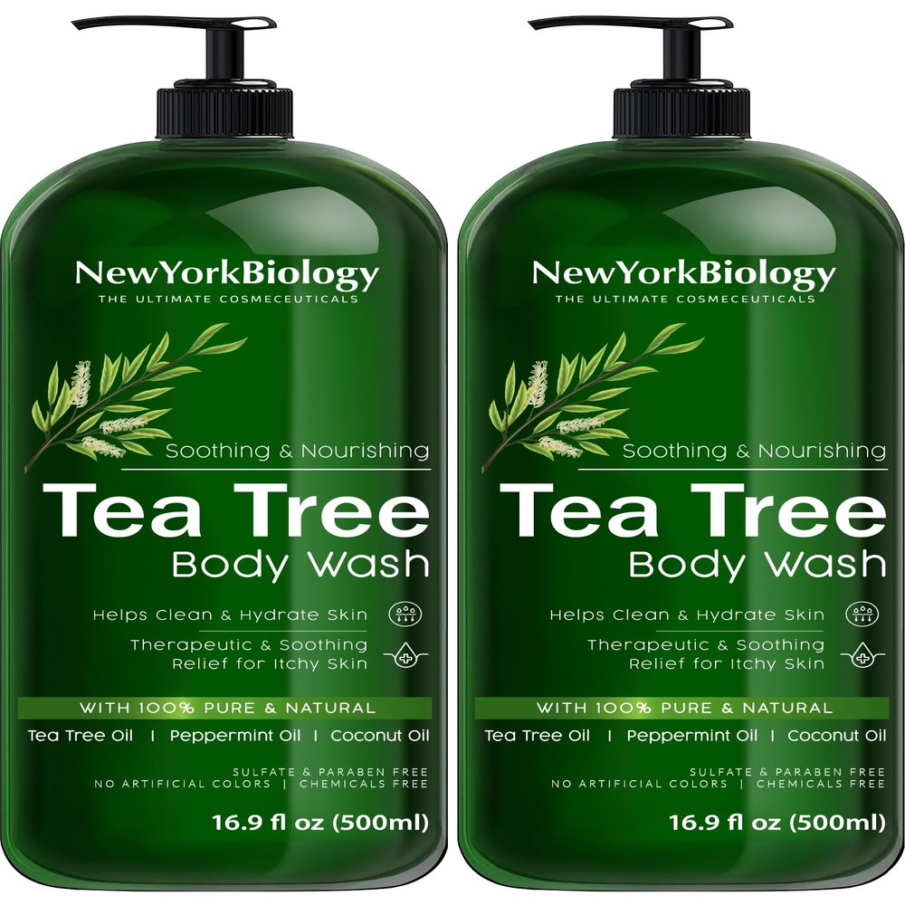 New York Biology Tea Tree Body Wash for Men and Women - Moisturizing Body Wash Helps Soothe the Skin - Refreshing and Hydrating Cleanser for Body and Feet - 16.9 Fl Oz (Pack of 2)