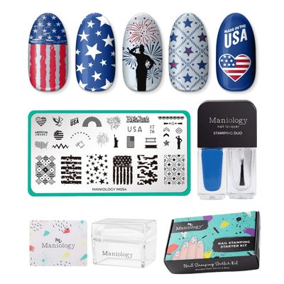Maniology Stars & Stripes Nail Stamping Starter Kit | Patriotic Nail Art Designs, Flag, Fireworks & Festive Summer DIY Manicures  Includes Stamping Plate, Polish, Top Coat, Stamper & Scraper Card
