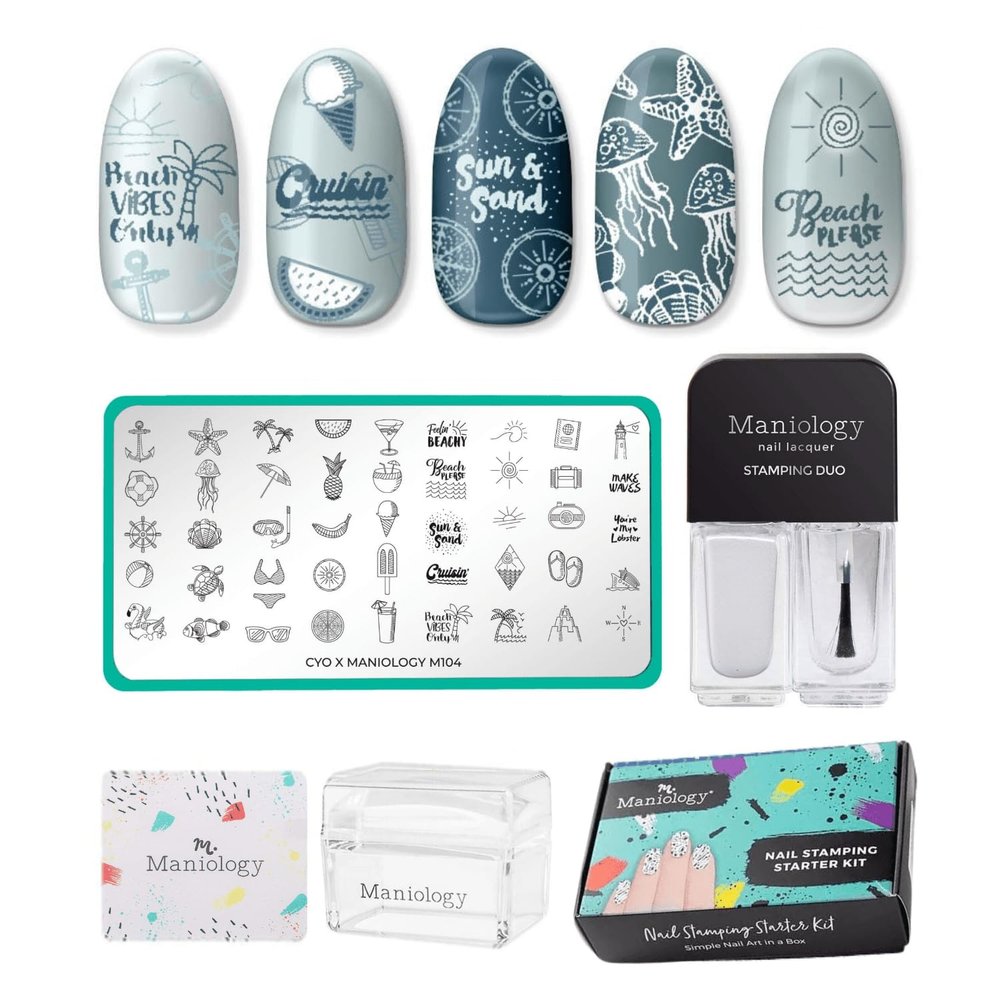 Maniology Sun & Sand Nail Stamping Starter Kit | Beach-Themed & Summer Nail Art, Refreshments & Fruit Drinks Designs DIY Manicures  Includes Stamping Plate, Polish, Top Coat, Stamper & Scraper Card