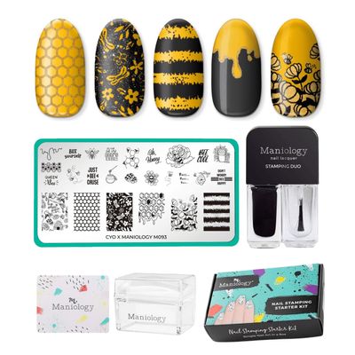 Maniology Busy Bees Nail Stamping Starter Kit | Spring-Themed Nail Art, Honeycomb & Bee Designs for DIY Manicures  Includes Stamping Plate, Polish, Top Coat, Stamper & Scraper Card