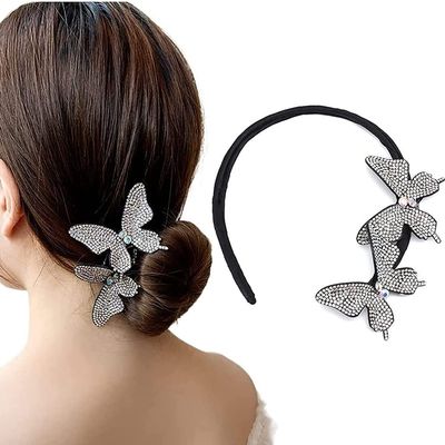 AKOAK 1 Pack Crystal Butterfly Lazy Curlers, Sparkly and Dexterous Female Hair Accessories -DIY Twirling Bun Accessories for Female Girls' Hair (White Silver)