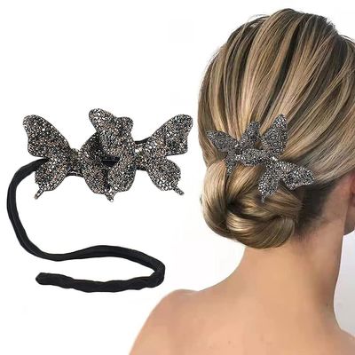 AKOAK 1 Pack Crystal Butterfly Lazy Curlers, Sparkly and Dexterous Female Hair Accessories -DIY Twirling Bun Accessories for Female Girls' Hair (Gun Black)
