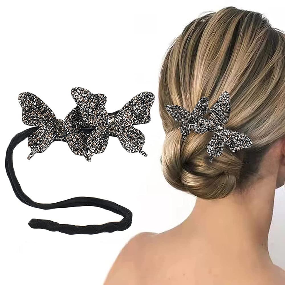 AKOAK 1 Pack Crystal Butterfly Lazy Curlers, Sparkly and Dexterous Female Hair Accessories -DIY Twirling Bun Accessories for Female Girls' Hair (Gun Black)