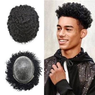 Afro Curly Toupee for Black Men Kinky Curly PU Injected Mens Toupee 8X10" Ultra Thin Skin Men Hairpiece Brazilian Human Hair Units Replacement System for African American Men (12mm afro wave, 1B# OFF BLACK)