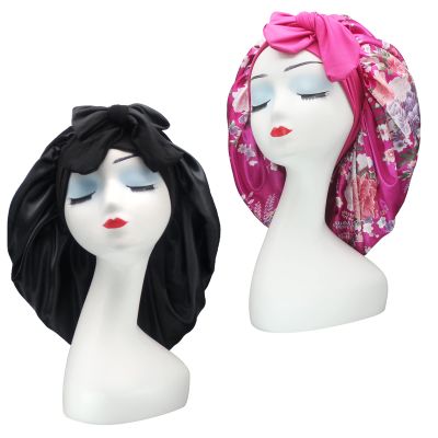 Hanbertti 2 Pack Silk Satin Hair Bonnet with Stretch Tie Band for Curly Hair Sleeping Adult Women Girls (Black + Fushia Flower)