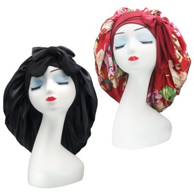 Hanbertti 2 Pack Silk Satin Hair Bonnet with Stretch Tie Band Bonnets for Curly Hair Sleeping Adult Women Girls (Black+Burgundy Flower)