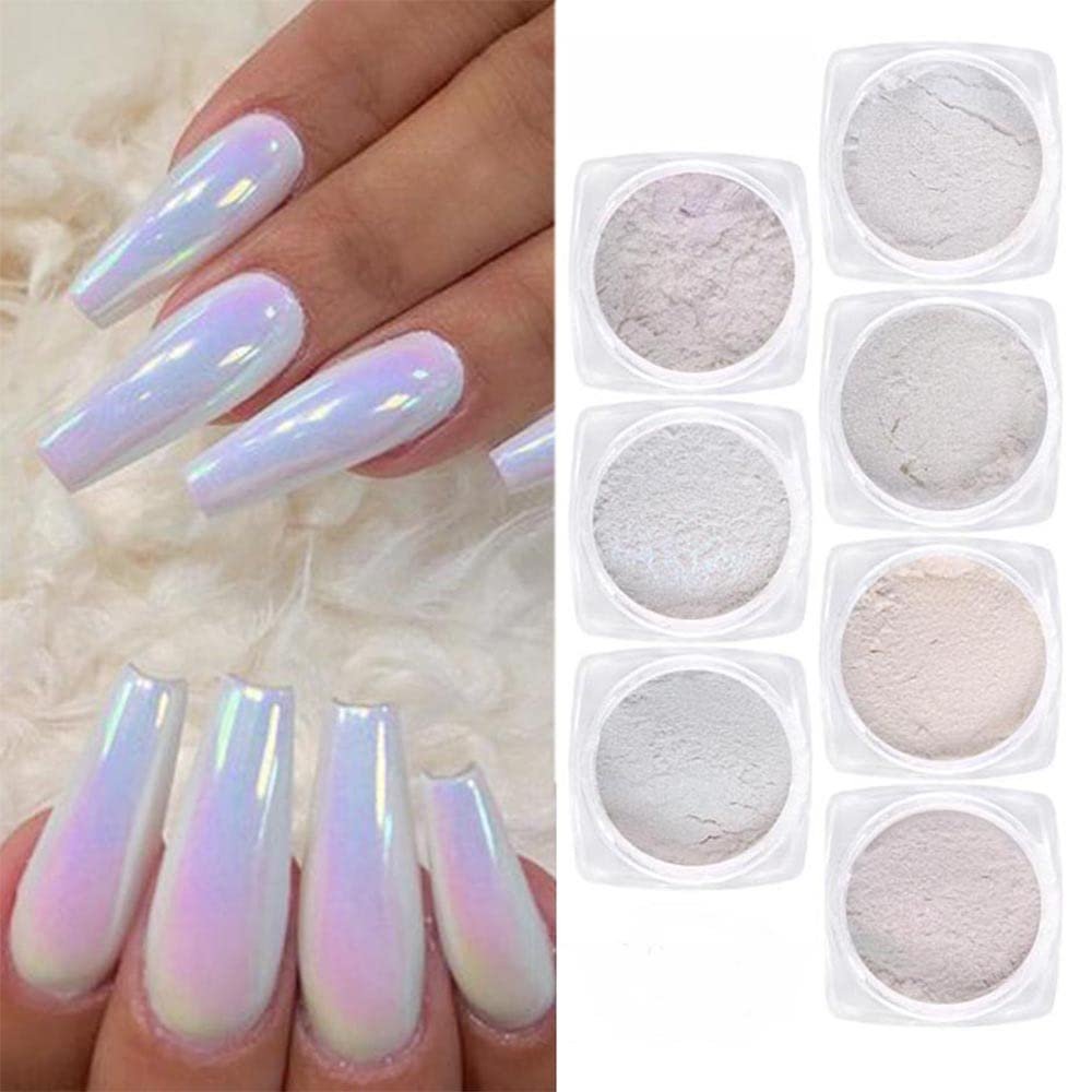 Pearl Chrome Powder Nail Glitter, White Iridescent Aurora Chrome Rubbing Dust Neon Mermaid Mirror Pigment Rainbow Holographic Chameleon Powder Chrome Pearlescent High Gloss for Nail Decorations.