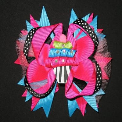 "Zebra Cupcake Tulle" Hairbow Alligator Clip Girls Ribbon Hair Bows Birthday