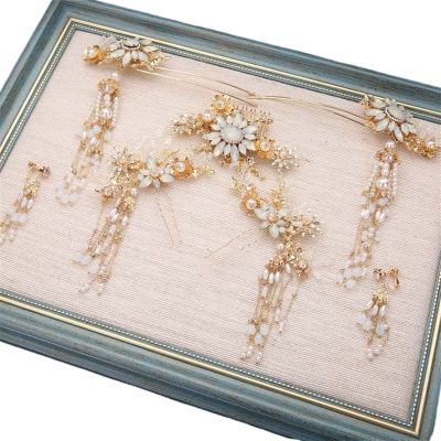 Oligage Bridal Headdress Chinese Traditional Style Antique Pearl Hairpin Haircomb Set Han Chinese Clothing Hair Accessories (Metal Color : 2)