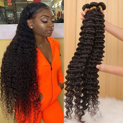 12 A Brazilian Deep Wave Human Hair Bundles(18 20 22) 100% Unprocessed Virgin Remy Hair Deep Curly Human Hair Weave 3 Bundles Extensions for Black Women Natural Color