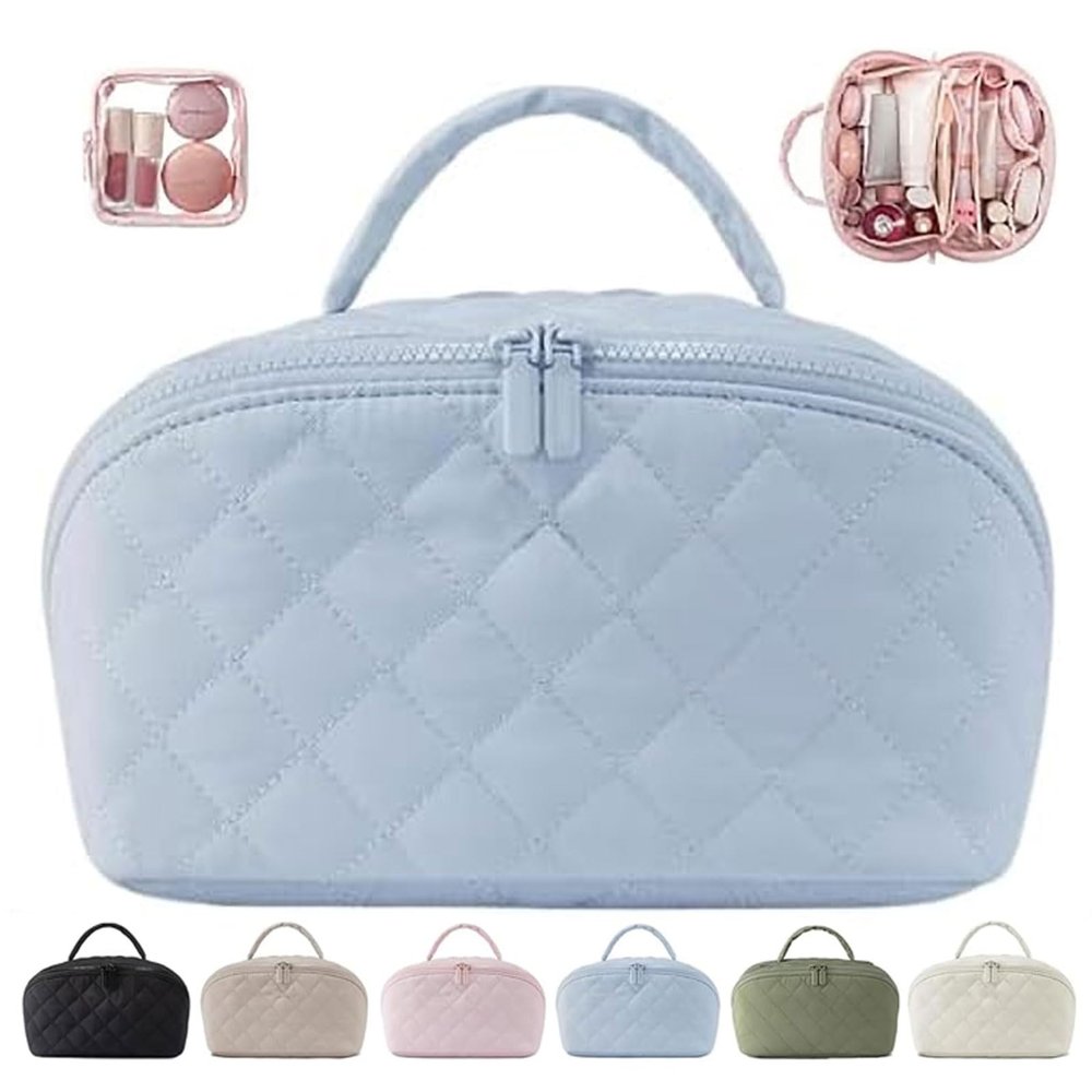 MINGRI Petition Makeup Bag for Travel, women Large Capacity Petition Cosmetic Bag 2 Pcs Petition Toiletry Bag Spacious 180 Open Cosmetic Organizer for Toiletries & Brushes With Compartments(Blue)