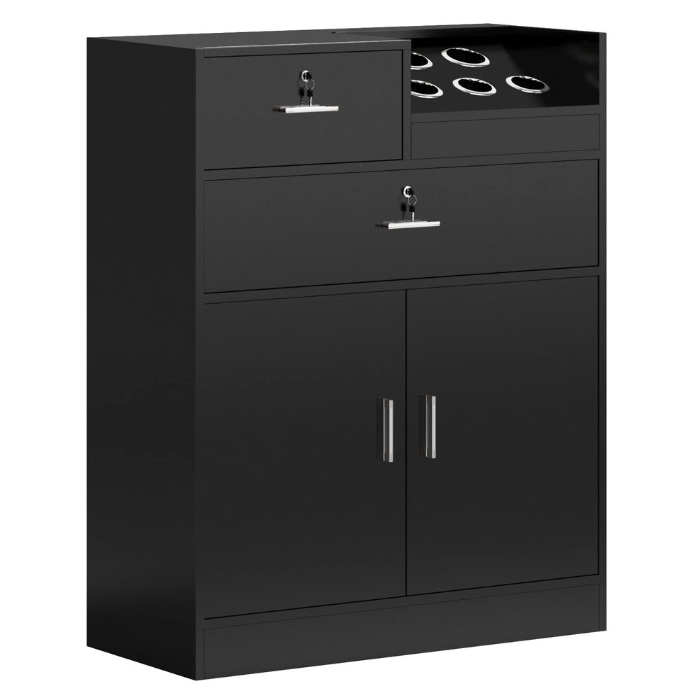 OmySalon Salon Storage Cabinet with Lock, Beauty Barber Salon Styling Station Organizer Equipment,Hair Stylist Station with 5 Hair Dryer Holders,Two Drawers,One Cabinet