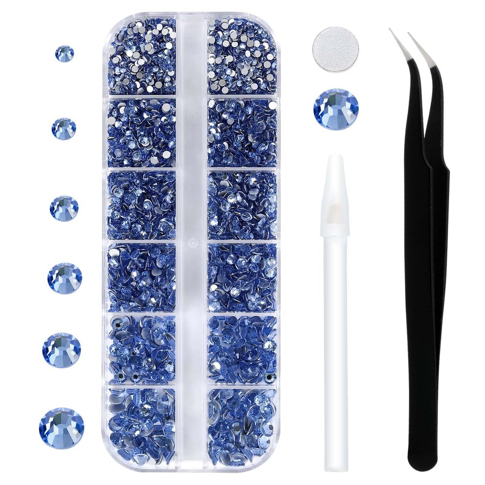 12 Grids 3792pcs Lt.blue Flatback Rhinestones Set for Nail, Art, Crafts, Makeup, Tumblers Glitter Round with Tweezers and Picking Pen(SS6~SS20)