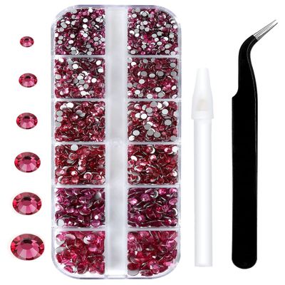 12 Grids 3792pcs Rose Flatback Rhinestones Set for Nail, Art, Crafts, Makeup, Tumblers Glitter Round with Tweezers and Picking Pen(SS6~SS20)