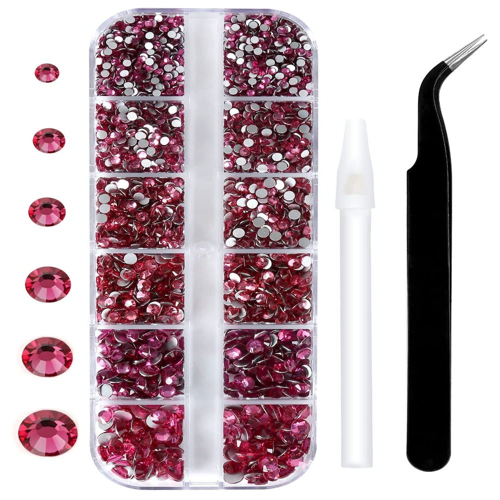 12 Grids 3792pcs Rose Flatback Rhinestones Set for Nail, Art, Crafts, Makeup, Tumblers Glitter Round with Tweezers and Picking Pen(SS6~SS20)
