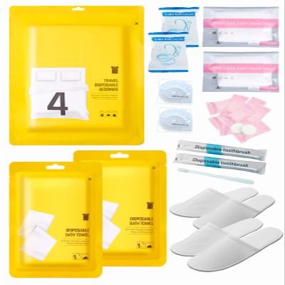 Extguds Disposable Travel Set: Bed Sheet1+Duvet Cover1+Pillow case2+Bath Towels2+Shower Caps2+Plastic Bathtub Bag2+Toilet Seat Covers2+Compression face Towel8+Toothbrushes2+Slippers2