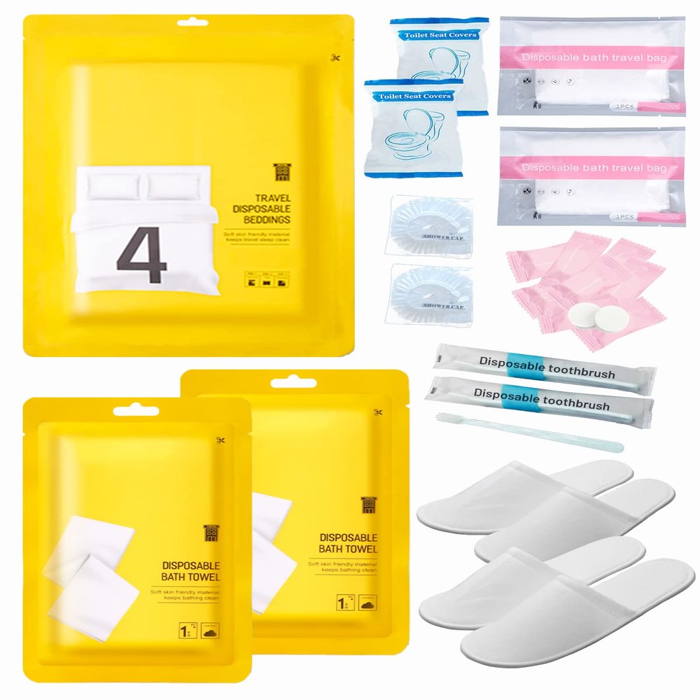 Extguds Disposable Travel Set: Bed Sheet1+Duvet Cover1+Pillow case2+Bath Towels2+Shower Caps2+Plastic Bathtub Bag2+Toilet Seat Covers2+Compression face Towel8+Toothbrushes2+Slippers2