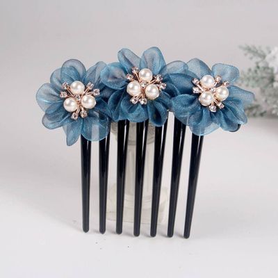qbodp 2 Pieces Yarn Floral Hair Clip Barrette Imitation Pearls Decorative Hair Accessories Hair Comb 7 Tooth Hair Pins Comb for Women Buns,Blue