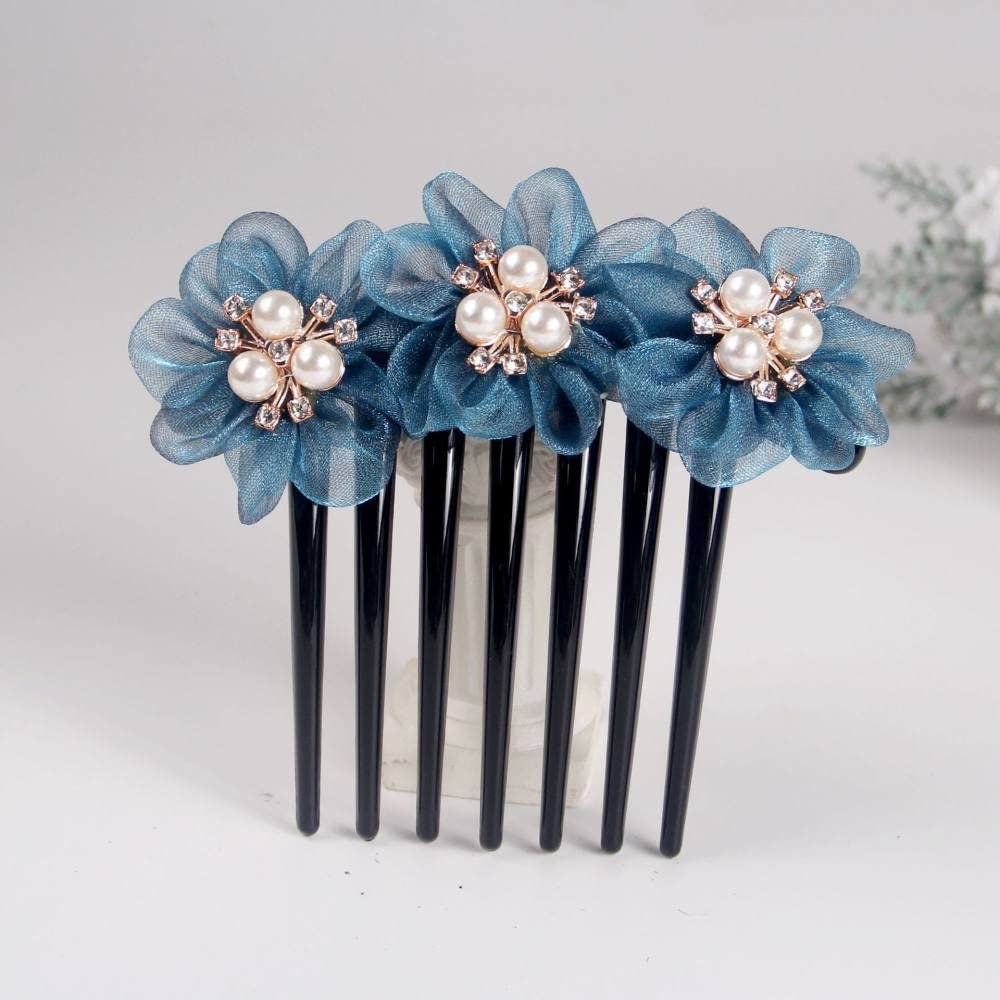 qbodp 2 Pieces Yarn Floral Hair Clip Barrette Imitation Pearls Decorative Hair Accessories Hair Comb 7 Tooth Hair Pins Comb for Women Buns,Blue