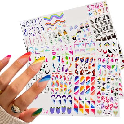 48patterns NailMAD French Tips Nail Art Stickers Water Transfer Nail Decals Colorful Swirls NailWater Slider Geometric Love Heart Nail Designs Accessories Acrylic Nail Supply