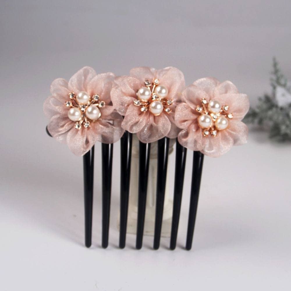 qbodp 2 Pieces Yarn Floral Hair Clip Barrette Imitation Pearls Decorative Hair Accessories Hair Comb 7 Tooth Hair Pins Comb for Women Buns,Light Pink