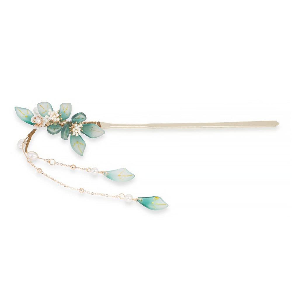 qbodp Metal Hair Sticks Dangle,Green Floral Tassel Chain Hair Chopsticks Elegant Hair Pins Stick Classical Chopsticks Hair Accessories for Thick Hair